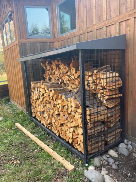 Metal Firewood Storage Outdoor, Log Storage Ideas Outdoor, Chopped Wood Storage Outdoor, Firewood Storage Ideas Outdoor, Inside Wood Storage Ideas, Wood Storage Outdoor, Outdoor Firewood Storage Ideas, Outdoor Firewood Storage, Firewood Storage Rack