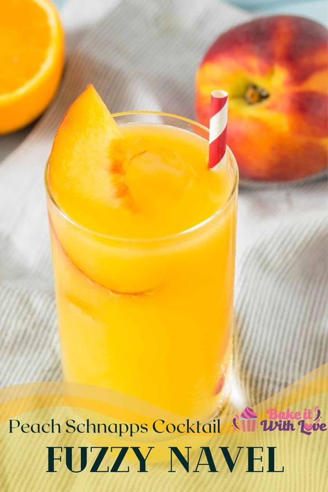 A fuzzy navel is a fruity peach schnapps cocktail that is simple, refreshing, and an overall delight to drink! It is named after its fuzzy, peach color and the tangy taste of the orange juice, which gives it a citrus kick. This cocktail is easy to make and is perfect for sipping on a hot summer day or for a brunch with friends! BakeItWithLove.com #bakeitwithlove #fuzzynavel #cocktail #peachschnapps #orangejuice Peach Fuzz Drink, Peach Schnapps Recipes, Fuzzy Navel Drink, Easy Refreshing Cocktails, Peach Schnapps Drinks, Bellini Bar, Drinks With Pineapple Juice, Orange Juice Cocktails, Fuzzy Peach