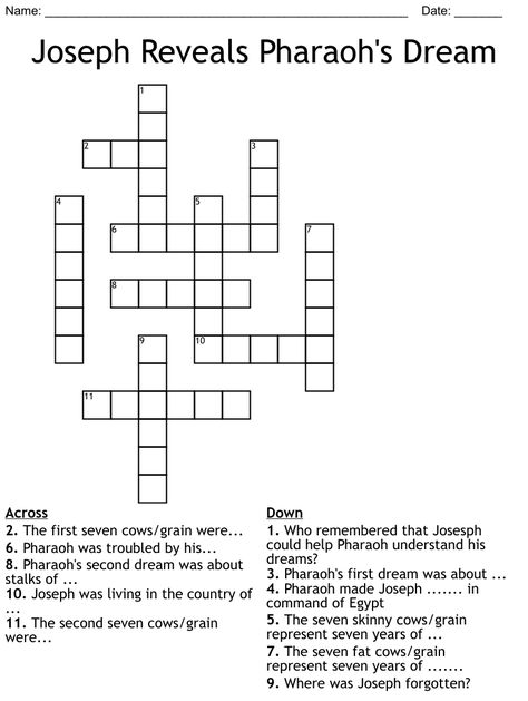 Joseph Reveals Pharaoh's Dream Crossword Joseph Helps Pharoah Craft, Music Crossword Free Printable, Joseph The Dreamer Activity, Joseph Interprets Pharaoh's Dream Craft, Disney Crossword Puzzles Printable, Joseph Dreams, Dream Word, Sunday School Coloring Pages, Children's Church Crafts