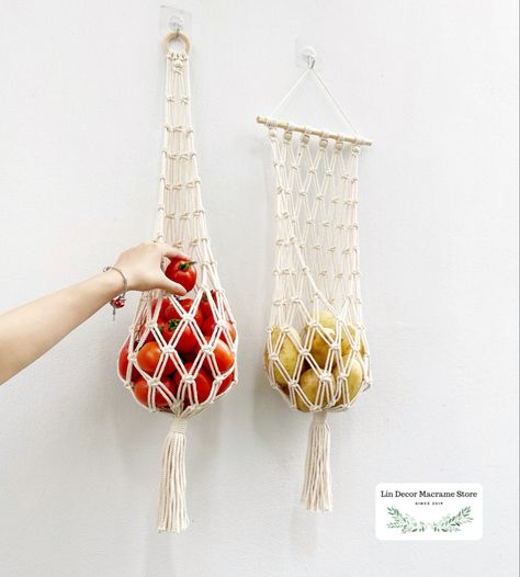 Hanging Fruit Basket, Boho Kitchen Decor, Hanging Fruit Baskets, Fruit Bag, Fruit Holder, Vegetable Storage, Vegetable Basket, Crochet Curtains, Cadeau Couple