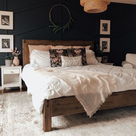 Wood Bed Navy Wall, Wood Master Bed Frame, Pink Brass Bedroom, Navy Wall Master Bed, Bedroom Wooden Bed Frame, Light Brown Bed Frame Bedroom Ideas, Master Bedrooms Decor Navy Blue, Rustic Navy Bedroom, Navy And White Bedroom Decor