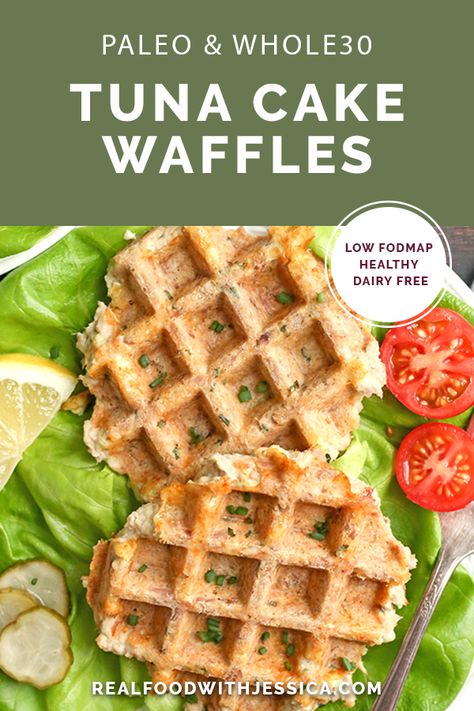 Paleo Whole30 Tuna Cake Waffles - Real Food with Jessica Whole 30 Chaffles, Tuna Chaffle Recipe, Salmon Chaffle, Tuna Chaffle, Paleo Crab Cakes, Savoury Waffles, Whole30 Easy, Cake Waffles, Paleo Salmon Cakes