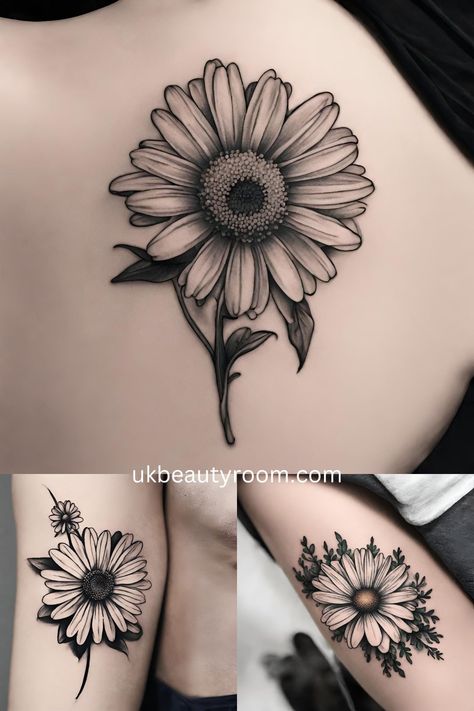 April Month Flower Tattoo, Asher Flower Tattoo, Daisie Tattoo, April Daisy Flower Tattoo, Daisy Tattoo Men, Aster Flower Tattoo Design, Woman With Flowers Tattoo, Daisy Birth Flower Tattoo, Aster Tattoo Design