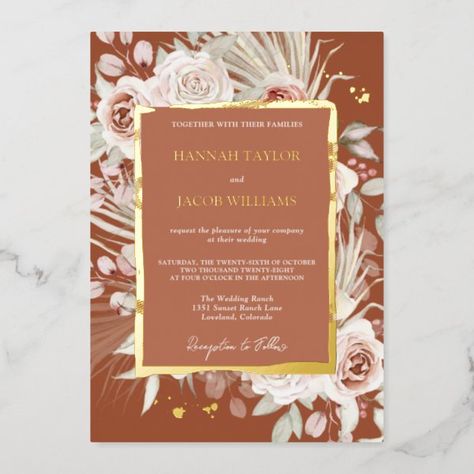 Gold Terracotta Floral Boho Wedding Foil Invitation Rustic Mexican Wedding, Rose Theme Wedding, Mexican Wedding Invitations, Floral Boho Wedding, Rose Wedding Theme, Rosé Theme, Gold Foil Wedding Invitations, Terracotta Wedding, Printed Candles