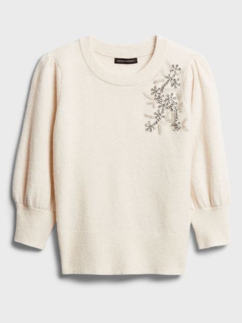 Embellished Puff-Sleeve Sweater | Banana Republic® EU Styles For Living Room, Princess Wardrobe, Camp Fire Girls, Pearl Sweater, Scotland Trip, Holiday 2024, Embellished Sweater, Embellished Shirt, Valentino Red