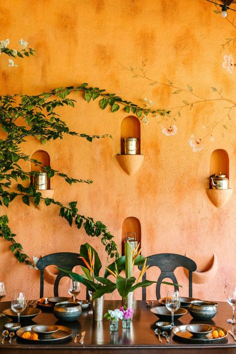 Boho Restaurant, Orange Restaurant, Indian Cafe, Mexican Restaurant Design, Mexican Restaurant Decor, Organic Cafe, Preppy Bedroom Decor, Eco Friendly Interior, Nails Home