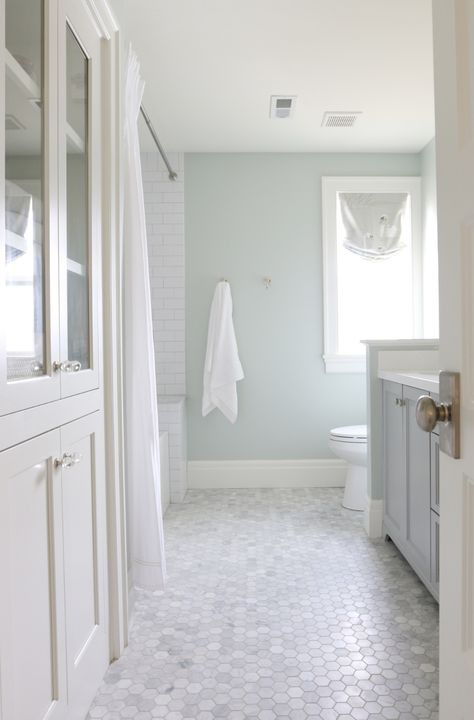 Sherwin Williams Sea Salt: Color Spotlight Sherwin Williams Sea Salt, Plain Bathroom, Tiled Bathrooms, Mini Tela, Sea Salt Sherwin Williams, Beautiful Tiles, Mold In Bathroom, Patterned Tiles, Tile Remodel