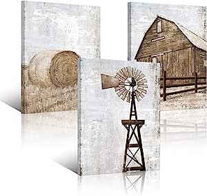 HOMEOART Farmhouse Wall Art Rustic Barn Windmill Cornfield Pictures Countryside Rural Landscape Painting Canvas Artwork Stretched and Framed Ready to Hang Home Decor 12"x16"x3 Pieces Windmill Wall Decor, Barn Pictures, Country Wall Decor, Wall Art Rustic, Farmhouse Wall Art, Rural Landscape, Fashion Wall Art, Farmhouse Wall Decor, Farmhouse Wall