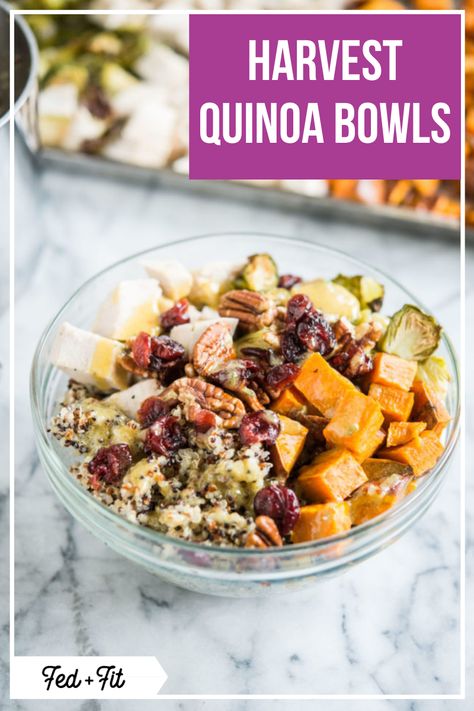 Harvest Quinoa Bowls with Chicken and Sweet Potatoes Chicken Quinoa Sweet Potato, Bowls With Chicken, Chicken And Sweet Potatoes, Bowls Recipes, Sweet Potato Bowls, Fed And Fit, Quinoa Sweet Potato, Quinoa Bowls, Power Bowl