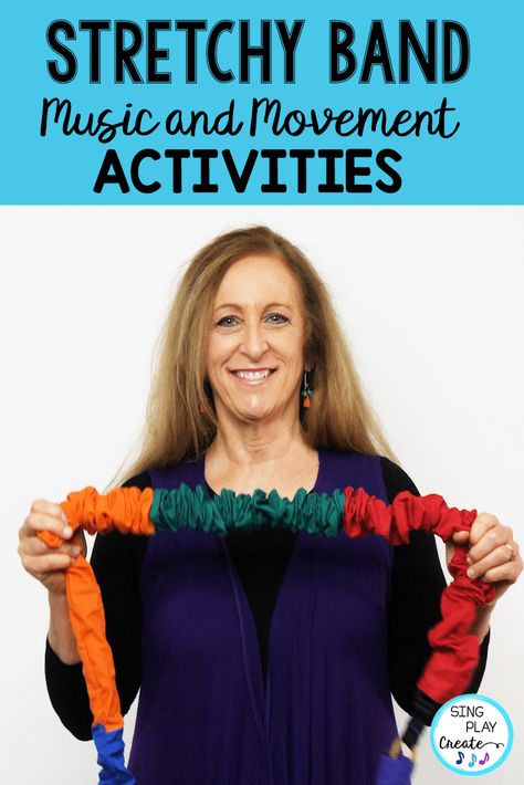 Stretchy Band activity ideas for music and movement classes for Preschool through 2nd grades.  Learn how to use the stretchy band using songs for children.  A Blog Post by Sing Play Create   READ NOW Imagination Activities, Music And Movement Activities, Music Therapy Activities, Movement Preschool, Preschool Music Activities, Music Education Games, General Music Classroom, Movement Songs, Music Class Activities