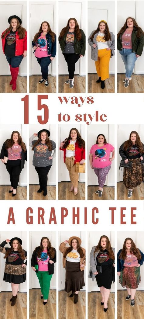 15 ways to style a plus size graphic tee Edgy Womens Fashion Plus Size, Hipster Outfits For Women Plus Size, Styling Oversized Tshirt Plus Size, T Shirt With Skirt Outfit Plus Size, Business Casual With Graphic Tee, T Shirt Plus Size Outfit, Size 14w Outfits Curvy Fashion, Plus Size Boho Style Outfits, Dressing Up A Tshirt Plus Size