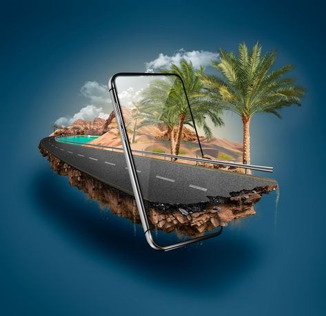 Premium Photo | 3d illustration of road with mobile phone isolated. beautiful landscape road with smart phone. Creative Advertisement Posters, Ads Creative Advertising Ideas Ad Design, Travel Advertising Design, Snowy Road, Social Media Images Design, Visual Advertising, Digital Advertising Design, Travel Advertising, Adobe Illustrator Graphic Design