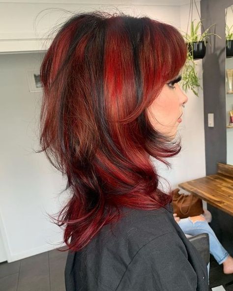 Dark Brown With Red Streaks, Shag With Red Highlights, Black Highlights In Red Hair, Hair Dye Ideas For Layered Hair, Red Hair W Black Highlights, Red Hair With White Underneath, Red Dyed Hair Ideas For Brunettes, Dyed Hair With Layers, Red Hair Black Streaks