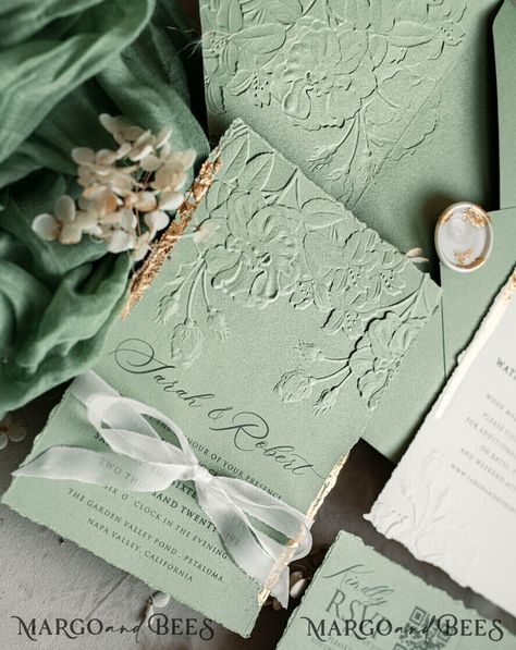 Bespoke Embossed Blind Sage green Gold Wedding Invitation, Golden greenery deboss Roses Floral Wedding Invitation, Boho Ecru Garden Debossed Invitation suite, Cotton paper wedding invitation suite, Deckled Edge Invites, Torn Edge Wedding Invitations golden Sage Green Garden Wedding, Debossed Invitation, Sage Green Gold Wedding, Fall Wedding Cards, Picturesque Garden, Wedding Invatations, Wedding Invitation Boho, Embossed Wedding Invitations, Green Gold Weddings