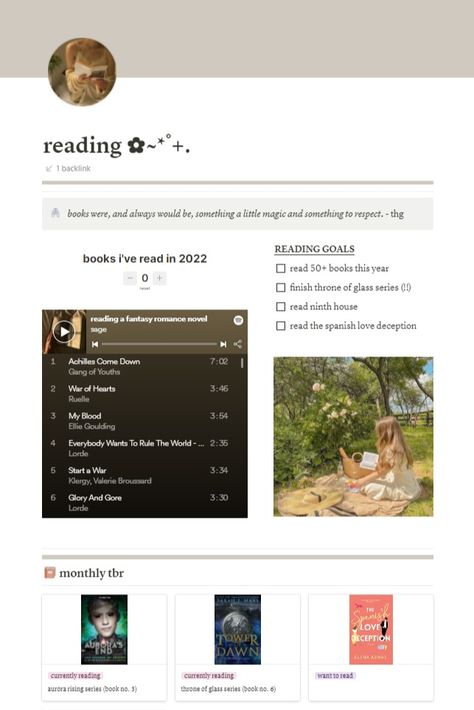 Notion For Readers, Notion Reading List Aesthetic, Microsoft Template Aesthetic, Notion Tbr Template, Notion Cottagecore Template, Notion Home Page Ideas Aesthetic, Notion Playlists, Notion Aesthetic Simple, Minimalistic Notion Templates