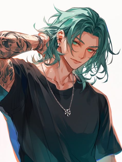 Anime Fisherman, Spellcasting Pose, Green Haired Characters, Modern Male Character Art, Siren Oc Male, Blue Hair Male, Thirst Trap Pose Ref, Male Siren, Blue Hair Male Character Design