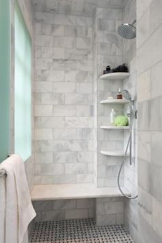 Accessible Bathroom, Shower Tile Designs, Bathroom Remodel Shower, Bathroom Redo, Bath Room, Shower Remodel, Bathroom Renos, Corner Shelves, Remodel Bedroom