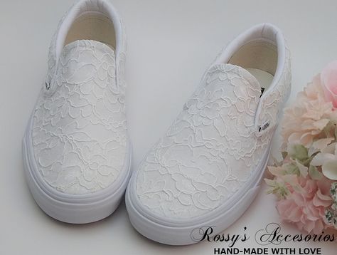 "Beautiful and Romantic wedding sneakers is a perfect accessory for your Special day.. These White Slip On Authentic Vans , are covered with White Lace . Handmade to order, so please allow me enough time before your wedding date. Orders are processed and shipped within 5-6 WEEKS of payment., large orders, may take longer ..Please allow 2-5 days additional and Domestic Shipping will take 2-5 Business days. RUSH ORDERS ARE AVAILABLE Rossy's Accesorios offers rush orders for an additional $30.00 - Wedding Boat Shoes, White Lace Wedding Vans, White Lace Vans, Custom Bride Shoes, White Wedding Sneakers, Bridal Vans Shoes, Bride Vans Shoes, White Vans Wedding, Wedding Vans Shoes Brides