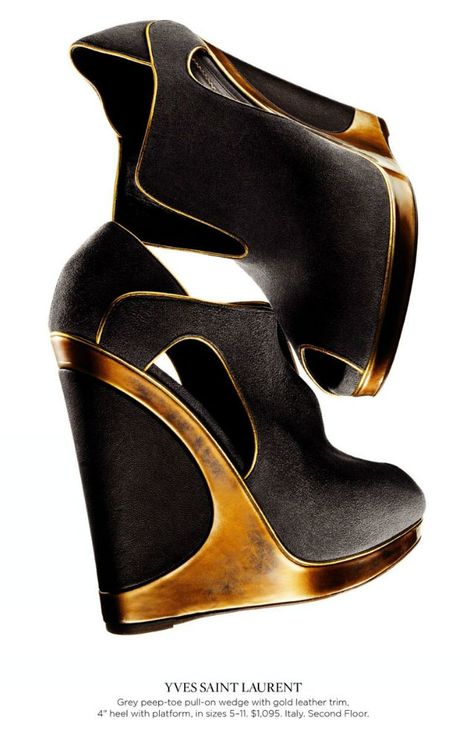 YSL yves saint laurent . gray peep-toe wedge with gold leather trim Mode Shoes, Olivia Palermo, Fabulous Shoes, Hot Shoes, Crazy Shoes, Shoe Obsession, Gigi Hadid, Shoe Lover, Shoe Game