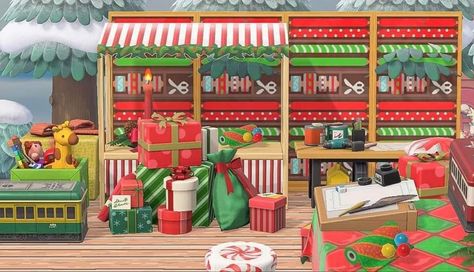 Animal Crossing Christmas Entrance, Acnh Gift Wrapping Station, Christmas Island Acnh, Acnh Elegantcore, Acnh Holiday, Acnh Market, Christmas Acnh, Winter Acnh, Acnh Christmas Code