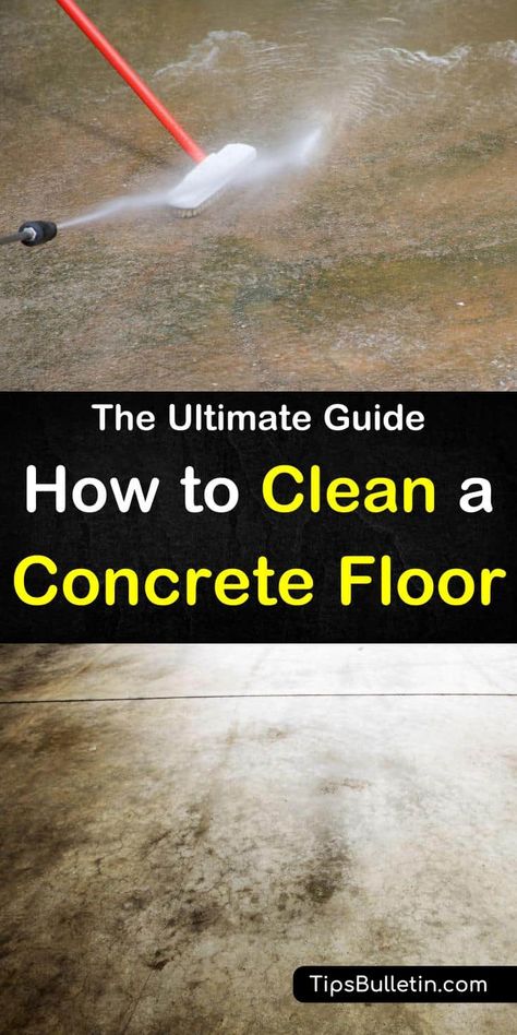 Learn tips and tricks on how to clean concrete floor. The cement floors in your garage, basement and driveways can get dirty. Discover how to make a cleaning solution using everyday products to remove paint, urine smells, and stains from all your concrete spaces. How To Paint A Basement Floor, Garage Floor Cleaner, How To Clean Concrete Garage Floor, Garage Floor Cleaning, Garage Cleaning Tips, Cleaning Cement Floors, How To Clean Cement Floors, How To Clean Basement Concrete Floor, How To Get Paint Off Concrete