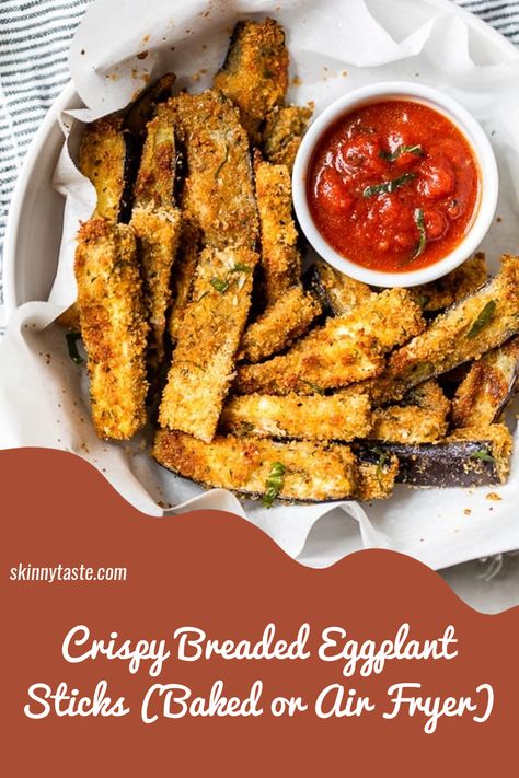 image Recipe: These Baked Eggplant Sticks are breaded with Italian breadcrumbs and Parmesan, baked or air-fried until golden, and served with a quick marinara sauce. Eggplant Sticks Baked, Airfryer Eggplant Parmesan, Air Fry Eggplant Parmesan, Eggplant Parmesan Air Fryer Recipe, Eggplant Sticks, Breaded Eggplant Air Fryer, Quick Marinara Sauce, Breaded Eggplant, Italian Breadcrumbs