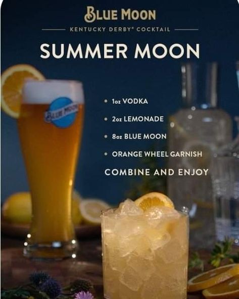 Blue Moon Cocktail, Moon Cocktail, Blue Moon Beer, Summer Moon, Cocktail Drinks Alcoholic, Mixed Drinks Alcohol, Liquor Drinks, Boozy Drinks, Beer Cocktails