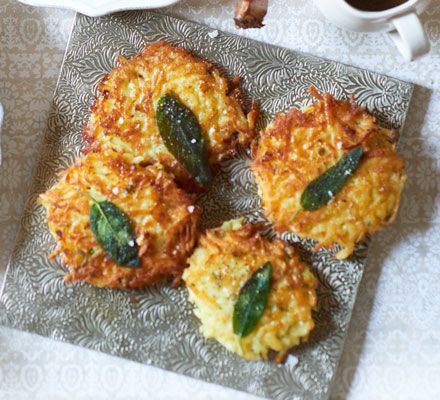 These pan-fried, golden potato patties with onion and sage make a delicious side dish for two Potato Rosti Recipe, Rosti Recipe, Potato Rosti, Potato Patties, Bbc Good Food, Sage Leaves, Potato Cakes, Low Fodmap Recipes, Fodmap Recipes