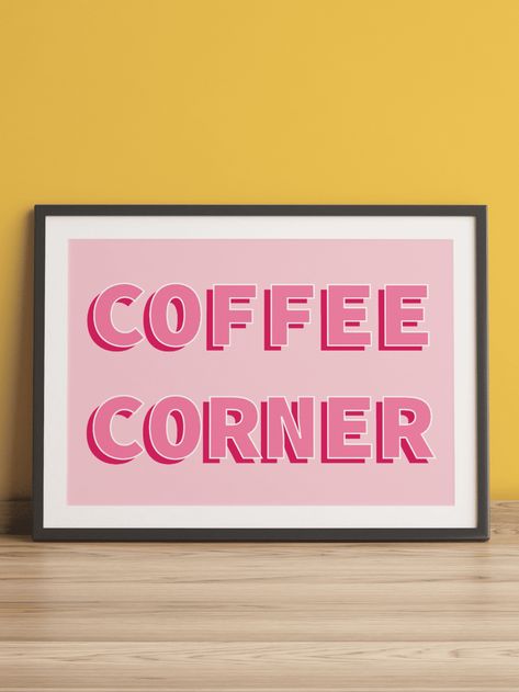 Aesthetic Kitchen Wall Art, Pink Kitchen Wall Decor, Pink Coffee Aesthetic, Moodboard Cafe, Pink Coffee Bar, Quirky Cafe, Coffee Corner Kitchen, Coffee Shop Wall Decor, Pink Kitchen Walls