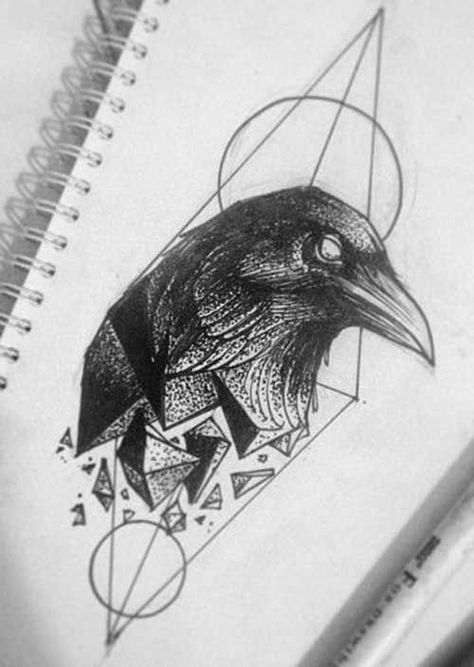 Geometric Raven Tattoos … | Raven ... Rabe Tattoo, Geometric Animal Tattoo, Unusual Tattoo, Geometric Bird, Crow Tattoo, Raven Tattoo, Trash Polka, Geometric Animals, 문신 디자인