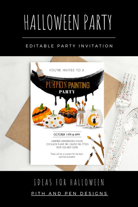 Invite your guest to your HALLOWEEN pumpkin painting party with this editable invitation. Print front side only or add the decorative back! It's easy to add your own information with the template editor called CORJL. #halloween #halloweenparty #halloweenbirthday #editable #printable #pumpkinpaintingparty #kidshalloweenbirthday #kidsbirthdayparty #paintingpartyinvitation #etsy #pumpkindecorating #halloweeninvitation #pumpkinparty #paintedpumpkins #personalize #octoberbirthday #pumpkinsandpizza Pumpkin Painting Invitations, Pumpkin Painting Party Invitations, Pumpkin Party Invite, Halloween Pumpkin Painting, Pumpkin Painting Party, Holiday Martinis, Pumpkin Paint, Pumpkin Invitation, Halloween Pumpkins Painted