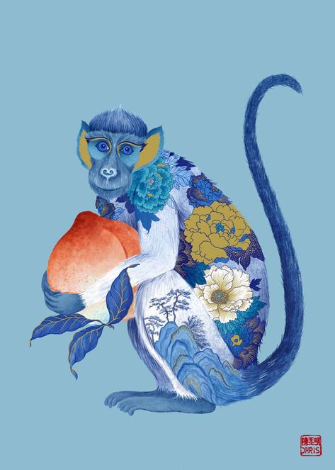 1922, 1934, 1946, 1958, 1970, 1982, 1994, 2006, 2018. Chinese Monkey Art, Chinese Zodiac Monkey, Chinese Monkey, Animal Sitting, Monkey Painting, Chinese Folklore, Monkey Tattoo, Lucky Peach, Blue Monkey