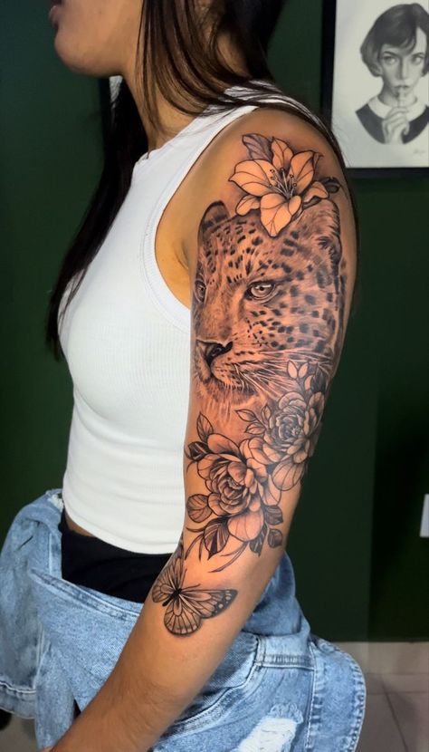 Arm Lift Tattoo Cover Up, Womens Arm Sleeve Tattoo Ideas, Leopard Sleeve Tattoo, Shoulder Upper Arm Tattoo For Women, Leopard Back Tattoo, Leopard Print Tattoo Sleeve, Women Tattoos Sleeve, Half Sleeves For Women, Tattoo On Hip Bone