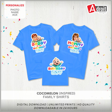 Digital file - No physical product will be printed or shipped. Once your payment has been cleared, team will email you the SVG File. You will also receive a purchase order confirmation email from Adroit Design Art. Cocomelon Party Shirts, Order Confirmation, Purchase Order, Family Shirt, Birthday Shirt, Party Shirts, Family Shirts, Birthday Shirts, Boy Birthday