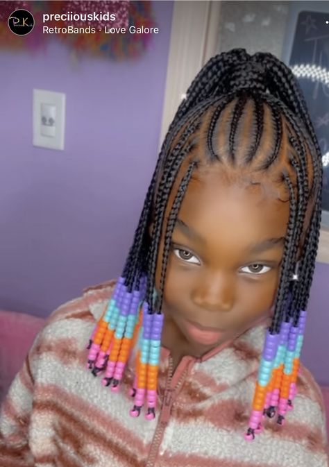 Kids Box Braids With Beads, Braided Mohawk Black Hair Kids, Kids Braided Ponytail, Toddler Braided Hairstyles With Beads, Beaded Hairstyles, Kids Braids With Beads, Girls Braided Hairstyles Kids, Toddler Braided Hairstyles, Toddler Braids