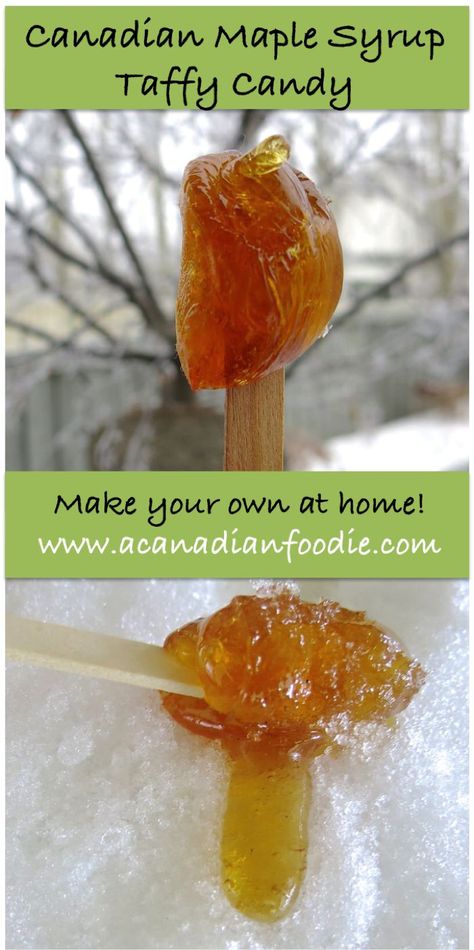 Canadian Maple Syrup Taffy Candy: Learn how to make this East Coast Traditional Sweet at Home! SO easy. SO delicious. SO Canadian. www.acanadianfoodie.com #candy #candyrecipe #recipe #taffy #maplesyrup Canadian Traditions, Homemade Taffy, Canadian Breakfast, Easy Blueberry Crumble, Maple Taffy, Maple Products, Maple Syrup Candy, New Desserts, Taffy Recipe