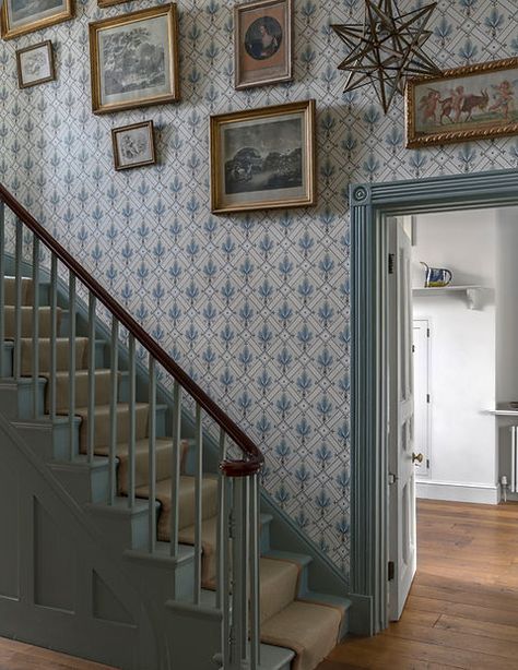 Coastal Victorian House, Blue Trim Bedroom, Small Dining Room Layout, Small Dining Room Round Table, Transitional Colonial, Stairway Trim, Charming Staircase, Small Dining Room Design, Brett Waterman