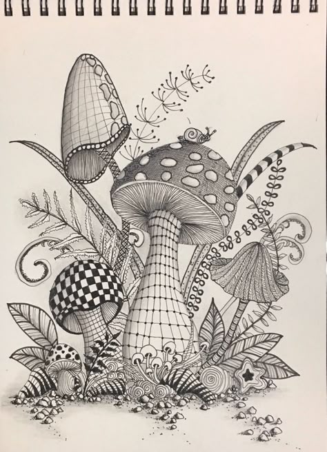 Whimsical Sketches Drawings, Drawing Ideas Mushrooms, Mushroom Drawing Hippie, Mushroom Doodle, Mushroom Artwork, Zantangle Art, Mushroom Drawing, Zentangle Artwork, Pen Art Drawings