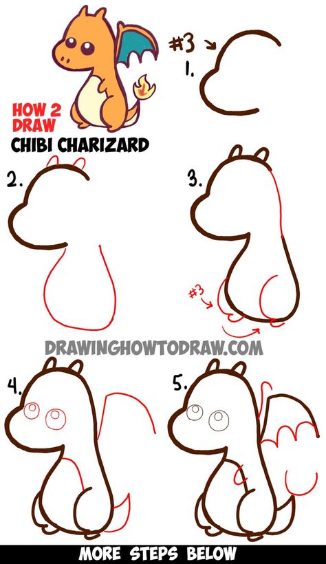 Learn How to Draw a Cute Baby Chibi Charizard from Pokemon in Simple Step by Step Drawing Lesson Simple Step By Step Drawing, Uppfostra Barn, Drawing Instructions, How To Draw Steps, Pokemon Charizard, Drawing Lesson, Pokemon Drawings, Chibi Drawings, Step Drawing