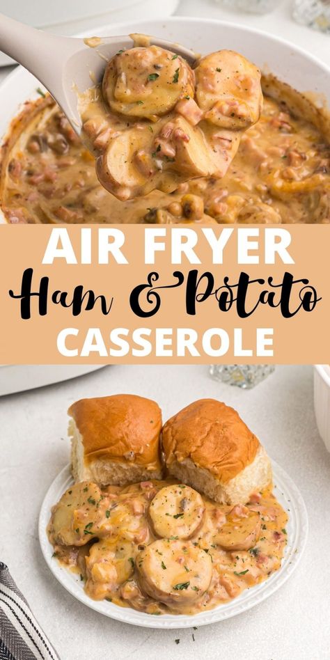 This easy Air Fryer Ham and Potato Casserole is a delicious hot dish, using your favorite potatoes with ham and cheese. Air Fryer Ham And Potatoes, Air Fryer Casserole Recipes, Air Fryer Ham, Potatoes With Ham, Ham Dinner Recipes, Ham And Cheese Casserole, Potato Ideas, Ham And Potato Casserole, Fried Ham