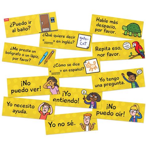 PRICES MAY VARY. Whether they're requesting that you speak more slowly, announcing their "Aha!" moment, or posing the #1 question of Spanish students everywhere—"Can I go to the bathroom?"—these easy-to-read illustrated signs help keep students in the target language!  Twelve 7 x 19-inch posters. Cardstock. Classroom Phrases, Aha Moment, Target Language, Target, In This Moment, Signs