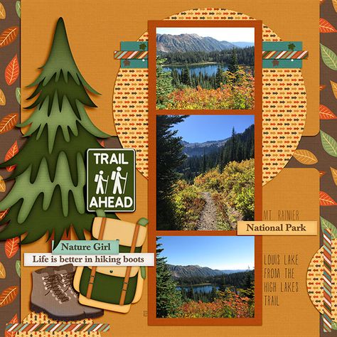 Hike - Scrapbook.com National Park Scrapbook Ideas, Hiking Scrapbook Pages, Hiking Scrapbook Ideas, National Parks Scrapbook Ideas, Hiking Scrapbook Layouts, National Park Scrapbook, Mountain Scrapbook, Hiking Scrapbook, Outdoors Scrapbook Layouts