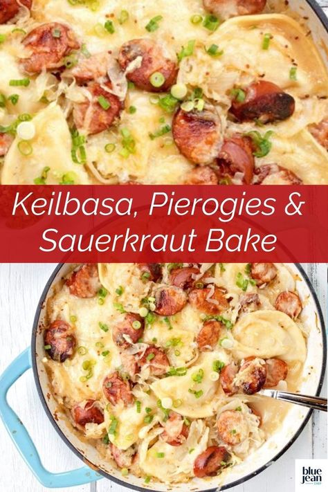 Kielbasa, Pierogies and Sauerkraut Bake | Blue Jean Chef - Meredith Laurence | Recipe | Saurkraut recipes, Easy casserole recipes, Sausage dishes Sauerkraut And Pierogies, Perogies With Sauerkraut, Reuben Perogie, Polish Sausage Sauerkraut Recipes, Keilbasa Recipes Sauerkraut, Pierogi And Sauerkraut, Pierogi Casserole Taste Of Home, Perogies Cabbage And Sausage, Chicken Sausage And Sauerkraut