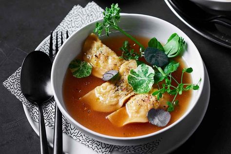 Ravioli en brodo (chicken ravioli broth) - Recipes - delicious.com.au Ravioli En Brodo, Meat Ravioli Recipe, Healthy Meals Ideas, Chicken Ravioli, Gastronomic Food, Heritage Chickens, Ravioli Filling, Wholesome Meals, Ravioli Recipe