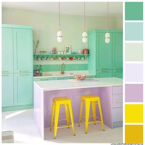 Mint, Lilac + Lemon ⁠🌱🍋⁠ 📷:@paintthetownpastel Clean Kitchen Floor, Pastel Kitchen, Pastel Interior, Pastel House, Green Paint Colors, Ikea Hacks, Dream House Decor, Dream Home Design, 인테리어 디자인