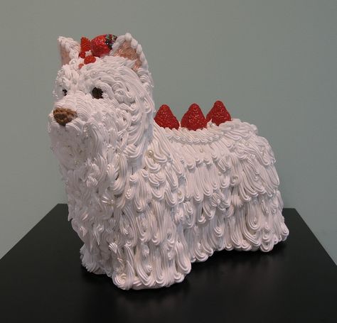 Osamu Watanabe - strawberry cake dog (mixed media), 2020 Dressage Exercises, Cake Dog, Dog Mixes, Ceramic Pieces, Dog Cake, Pretty Birthday Cakes, Ceramics Pottery Art, Lace Curtains, Kawaii Food