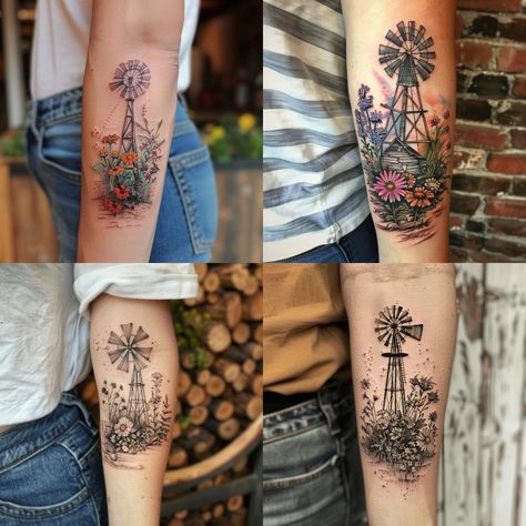 A realism tattoo of an iconic windmill, with a few wildflowers growing at the base Windmill Tattoo, Wildflower Tattoo, Tattoo Board, Realism Tattoo, Piercing Tattoo, Cute Tattoos, Tattoos And Piercings, Realism, Small Tattoos