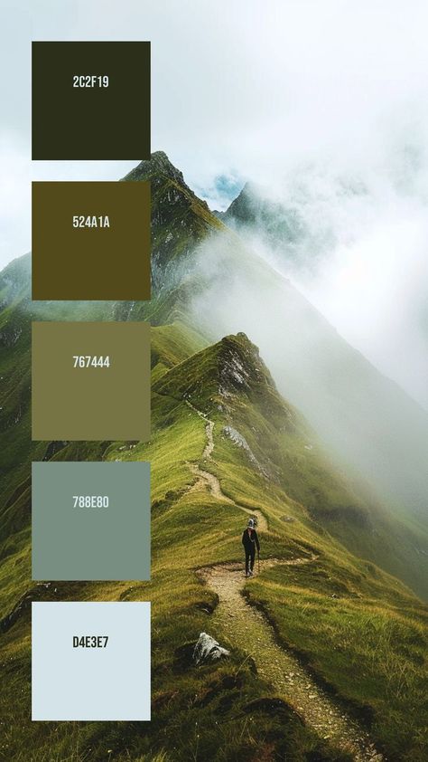 Colors:
2C2F19 ° 524A1A ° 767444 ° 788E80 ° D4E3E7 Hex Color Palette, Misty Mountains, Color Schemes Colour Palettes, Nature Color Palette, Brand Color Palette, Model Paint, Color Palette Design, Color Harmony, Perfect Palette