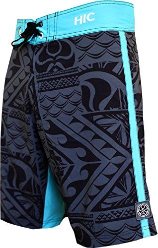 90% Polyester 10% Spandex 8 Way Octo-Stretch Imported | Board Shorts with Attitude | Enjoy the Ride! Self Tie | Lace-up tie front with four HIC grommets closure 21" Engineered Polynesian tattoo print | Side flap pocket Lycra fly for pure comfort | Durable water repellent (DWR) fabric coating Inside Lycra front rise taping | Triple needle smooth durable construction stitching Low-rise surfer style | HIC 8 way stretch board shorts run large for most people Ultimate waterman’s board shorts for surf Board Shorts Men's, Estilo Punk Rock, Casio Edifice, Surf Shorts, Memory Shirts, Surfer Style, Unisex Clothes, Rayon Shirt, Tactical Pants