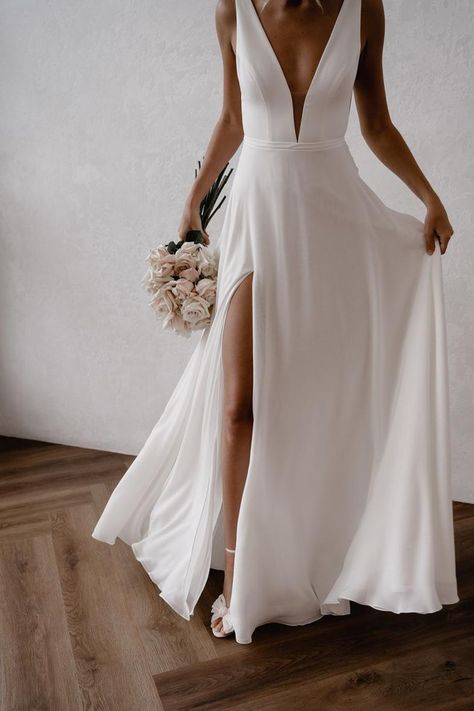 Deep V Neck Wedding Dress, Clean Wedding Dress, Made With Love Bridal, Backyard Wedding Dresses, Plain Wedding Dress, Custom Wedding Dresses, Neck Wedding Dress, Aline Wedding Dress, V Neck Wedding Dress